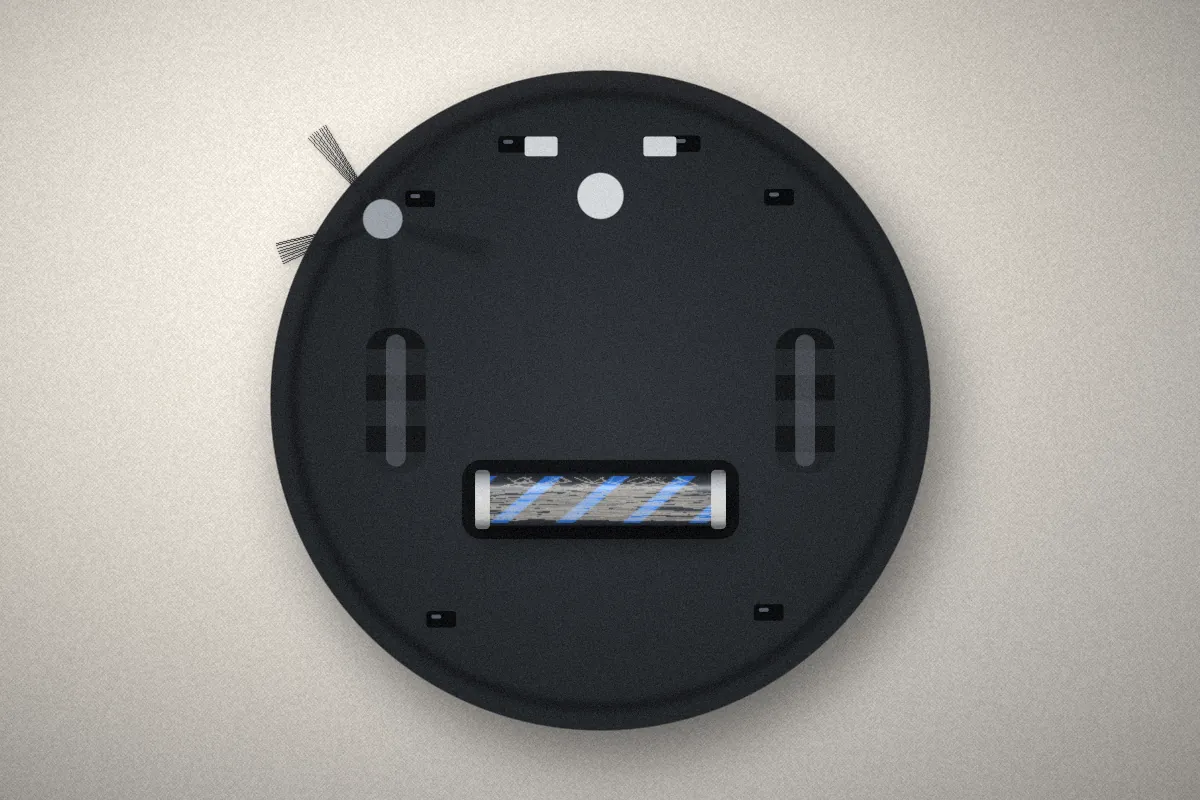 Underside of a robot vacuum showing drive wheels, main brush roller and cliff sensors